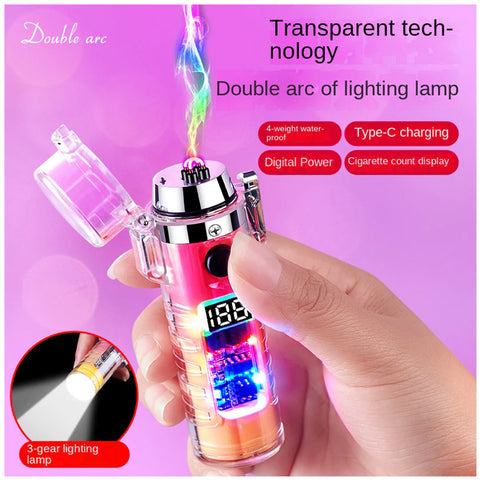 Transparent Shell Flashlight Outdoor Adventure Lighting USB Rechargeable Double Arc Windproof Lighter