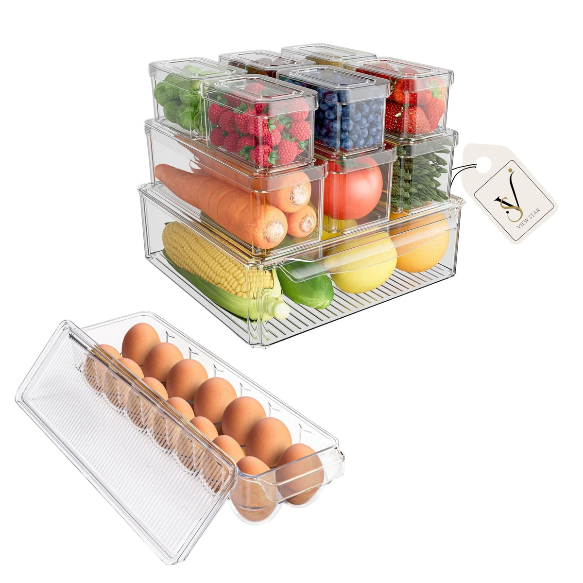 Viewstar 11 PCS Stackable BPA-Free Refrigerator Organizer Set with Lids - Transparent Food Storage Containers with Drip Tray Design, Durable PET Material for Fridge, Freezer, Kitchen, Pantry - 3 Sizes