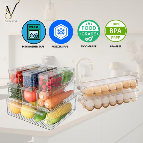 Viewstar 11 PCS Stackable BPA-Free Refrigerator Organizer Set with Lids - Transparent Food Storage Containers with Drip Tray Design, Durable PET Material for Fridge, Freezer, Kitchen, Pantry - 3 Sizes