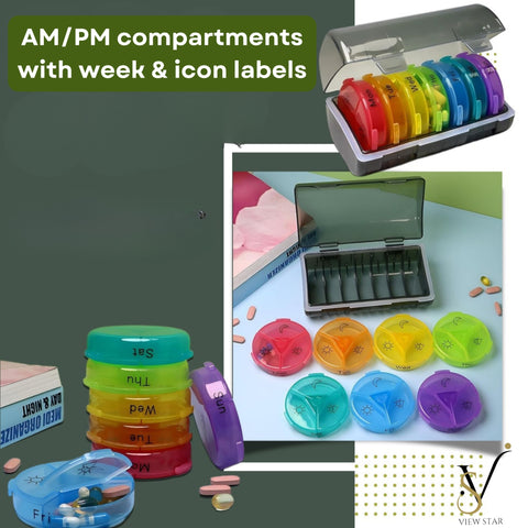 Viewstar Weekly Pill Organiser, Colour-Coded Compartments, 2 Containers, 7 days 2 Times a day, Large Daily Pill Cases for Pills/Vitamin/Fish Oil/Supplements