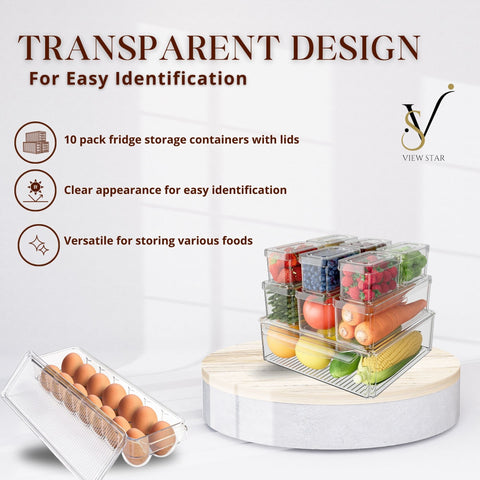 Viewstar 11 PCS Stackable BPA-Free Refrigerator Organizer Set with Lids - Transparent Food Storage Containers with Drip Tray Design, Durable PET Material for Fridge, Freezer, Kitchen, Pantry - 3 Sizes