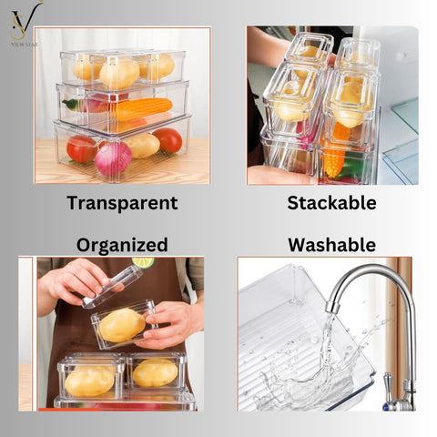 Viewstar 11 PCS Stackable BPA-Free Refrigerator Organizer Set with Lids - Transparent Food Storage Containers with Drip Tray Design, Durable PET Material for Fridge, Freezer, Kitchen, Pantry - 3 Sizes