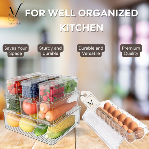 Viewstar 11 PCS Stackable BPA-Free Refrigerator Organizer Set with Lids - Transparent Food Storage Containers with Drip Tray Design, Durable PET Material for Fridge, Freezer, Kitchen, Pantry - 3 Sizes