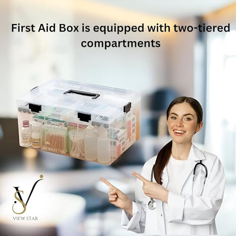 Viewstar Medicine Box with Pocket Pill Organizer - First Aid Medical Transparent Box - Plastic First Aid Container Box - Portable Family Storage Layered Box for Home & Travelling