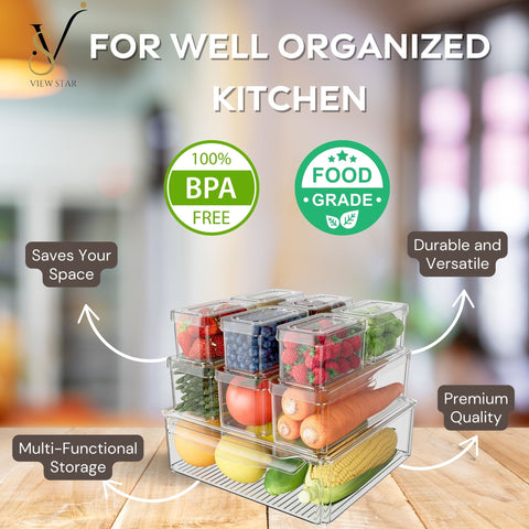 Viewstar 11 PCS Stackable BPA-Free Refrigerator Organizer Set with Lids - Transparent Food Storage Containers with Drip Tray Design, Durable PET Material for Fridge, Freezer, Kitchen, Pantry - 3 Sizes