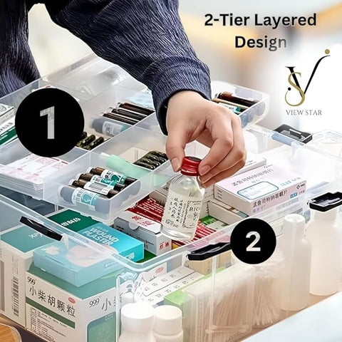 Viewstar Medicine Box with Pocket Pill Organizer - First Aid Medical Transparent Box - Plastic First Aid Container Box - Portable Family Storage Layered Box for Home & Travelling