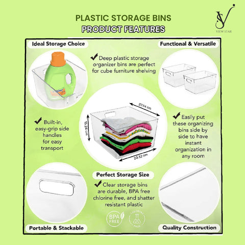 Viewstar Premium Clear Plastic Storage Bins, for Kitchen, Bathroom, Bedroom, Living Room, Dining Room, Closet, Office Organizer, Fridge Containers, Drawer & Pantry Organizers (Pack of 4, 6, 8)