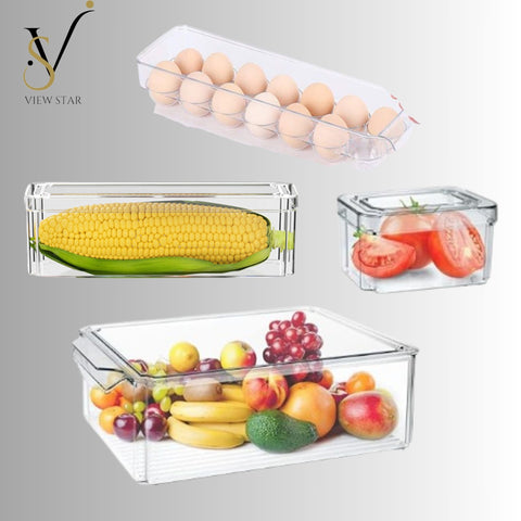 Viewstar 11 PCS Stackable BPA-Free Refrigerator Organizer Set with Lids - Transparent Food Storage Containers with Drip Tray Design, Durable PET Material for Fridge, Freezer, Kitchen, Pantry - 3 Sizes