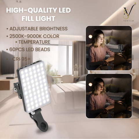 Viewstar 60 LED Rechargeable Clip For Video Light – Adjustable 3 Modes of light, Dual Clip Design for Phone, Laptop, Selfie, Vlog, Makeup & Video Conference - Multipurpose Multiusage light