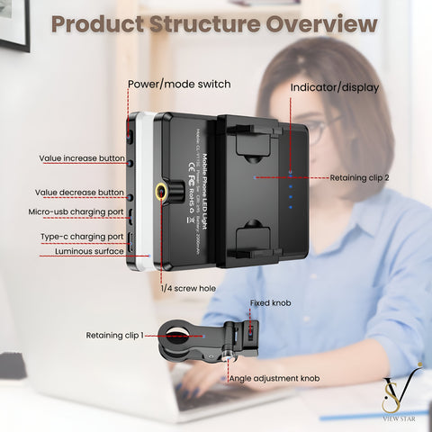 Viewstar 60 LED Rechargeable Clip For Video Light – Adjustable 3 Modes of light, Dual Clip Design for Phone, Laptop, Selfie, Vlog, Makeup & Video Conference - Multipurpose Multiusage light